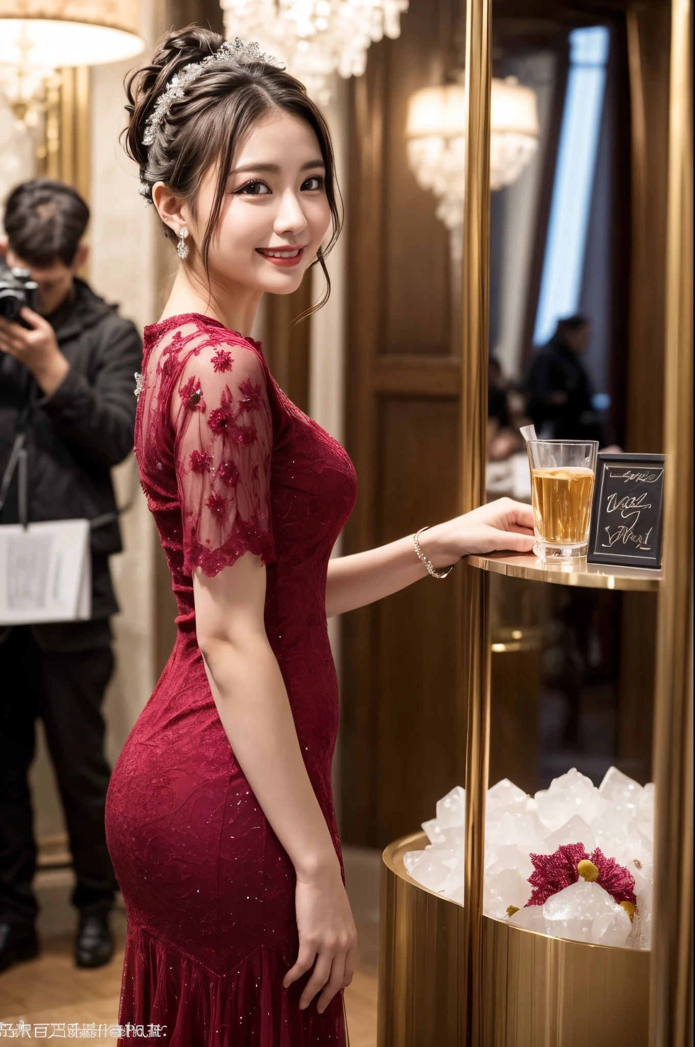 (((masterpiece))), (((Highest quality: 1.4))), ((Very detailed: 1.4)) , ulzzang-6500-v1.1, (RAW Photos:1.2), (Photorealistic), (Genuine:1.4), Sharp focus、Shot from the side、(Full Body Shot), (red frozen crystal-themed dress with intricate ice-inspired details:1.2),(red dress adorned with abundant lace and ribbons:1.3),(mesmerizing red dress inspired by ice crystals, creating a magical aesthetic:1.2),(effortlessly chic hairstyle:1.4), Upper class lady、Incredible beauty、A smile full of love、Innocent smile、