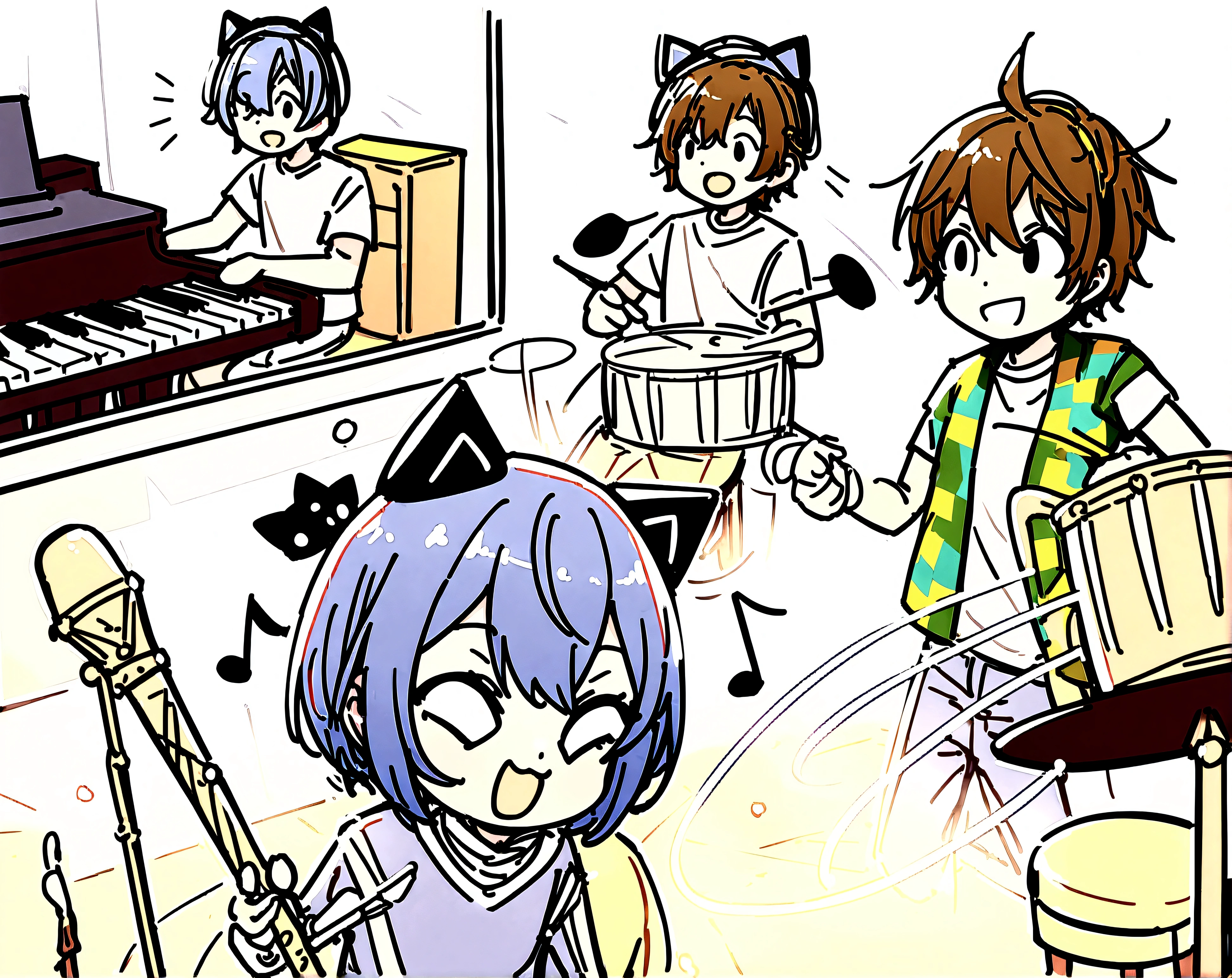 3 people wearing cat hats, one playing the piano, one singing, one playing the drums