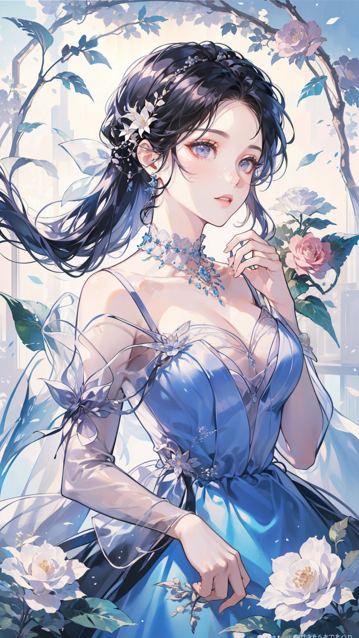 (best quality, 4K, high resolution, masterpiece:1.2), Elegant dynamic portrait，A beautiful girl，Blue hair tied up elegantly, Decorate with jewelry, Diamond necklace, (Put on a big cape), Clear purple eyes, (Decorate your hair with delicate flowers, Crystal jewelry string), Extremely detailed.