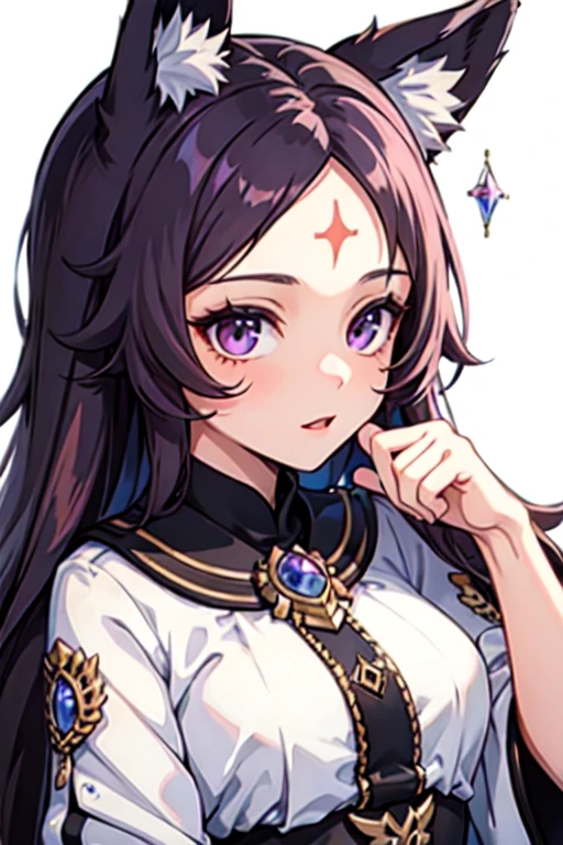 young girl with long light purple hair, purple eyes, fox ears, two crystal foxtails, and three crystal marks on the forehead