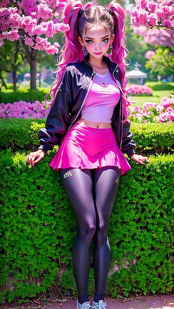extremely detailed CG unity 8k wallpaper, best quality, ultra-detailed, masterpiece, realistic, photo realistic, blush, parted lips, looking at viewer , half body shot , (Perona One Piece), ping long hair, blushing, beautiful face, embarrassed face, standing, arms behind head, cute face, goth outfit, twintails, outdoor, sakura blossom, stripe legging, skirt, smile at viewer,