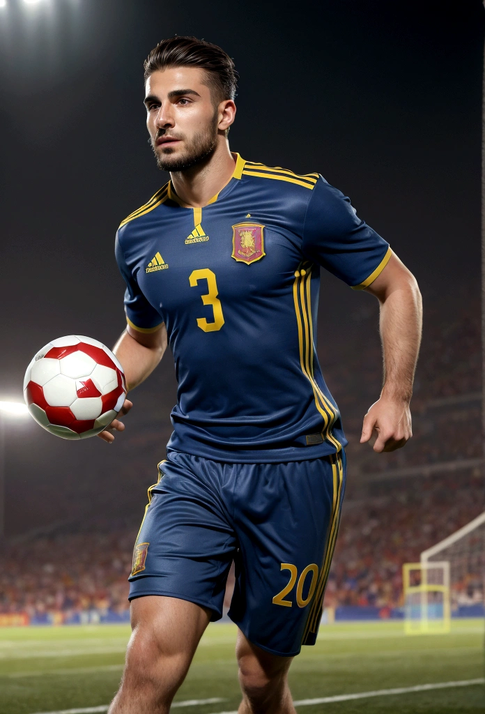 Best quality,ultra detailed ,Handsome man from Spain,Beautiful face, happy and emotional facial expression, elegant hair, active posture in motion, runs after the ball, scores a goal, In a good condition,professional,,bright colors,studio lighting,warm colors,full length、Spain national football team jersey、30 year old man, Best quality, masterpiece, super high resolution, detailed background, Realism, 1 guy, soccer field, Muscles, volumetric lighting, depth of field, whole body, facial hair, football player, scores a goal, full length, calaebrating goal