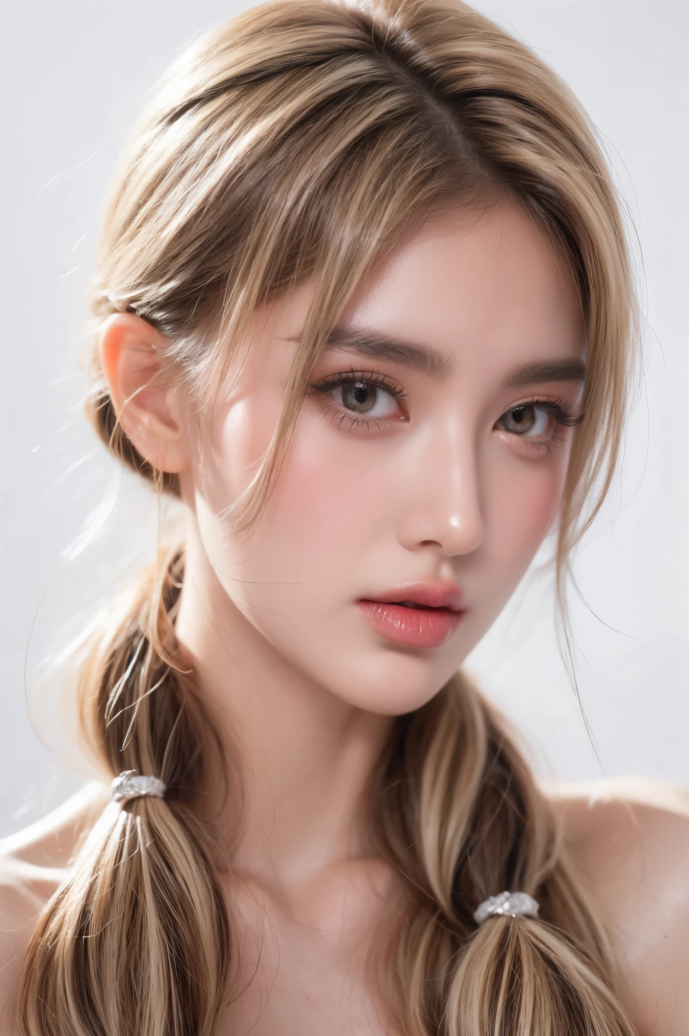 1girl face, solo, twintail hair, blonde hair, white background, realistic, lips, eyelashes, 