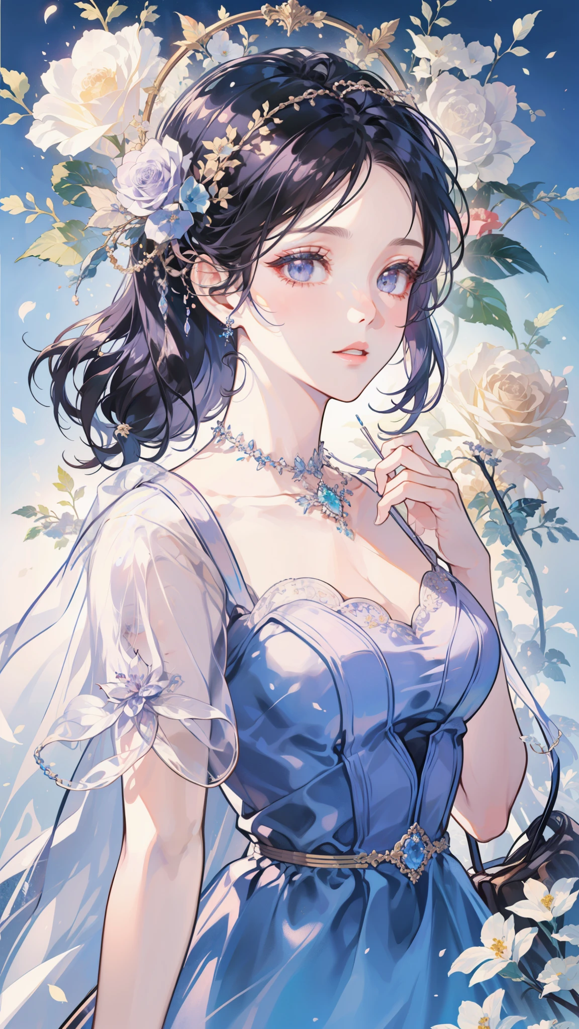 (best quality, 4K, high resolution, masterpiece:1.2), Elegant dynamic portrait,A beautiful girl,Blue hair tied up elegantly, Decorate with jewelry, Diamond necklace, (Put on a big cape), Clear purple eyes, (Decorate your hair with delicate flowers, Crystal jewelry string), Extremely detailed.