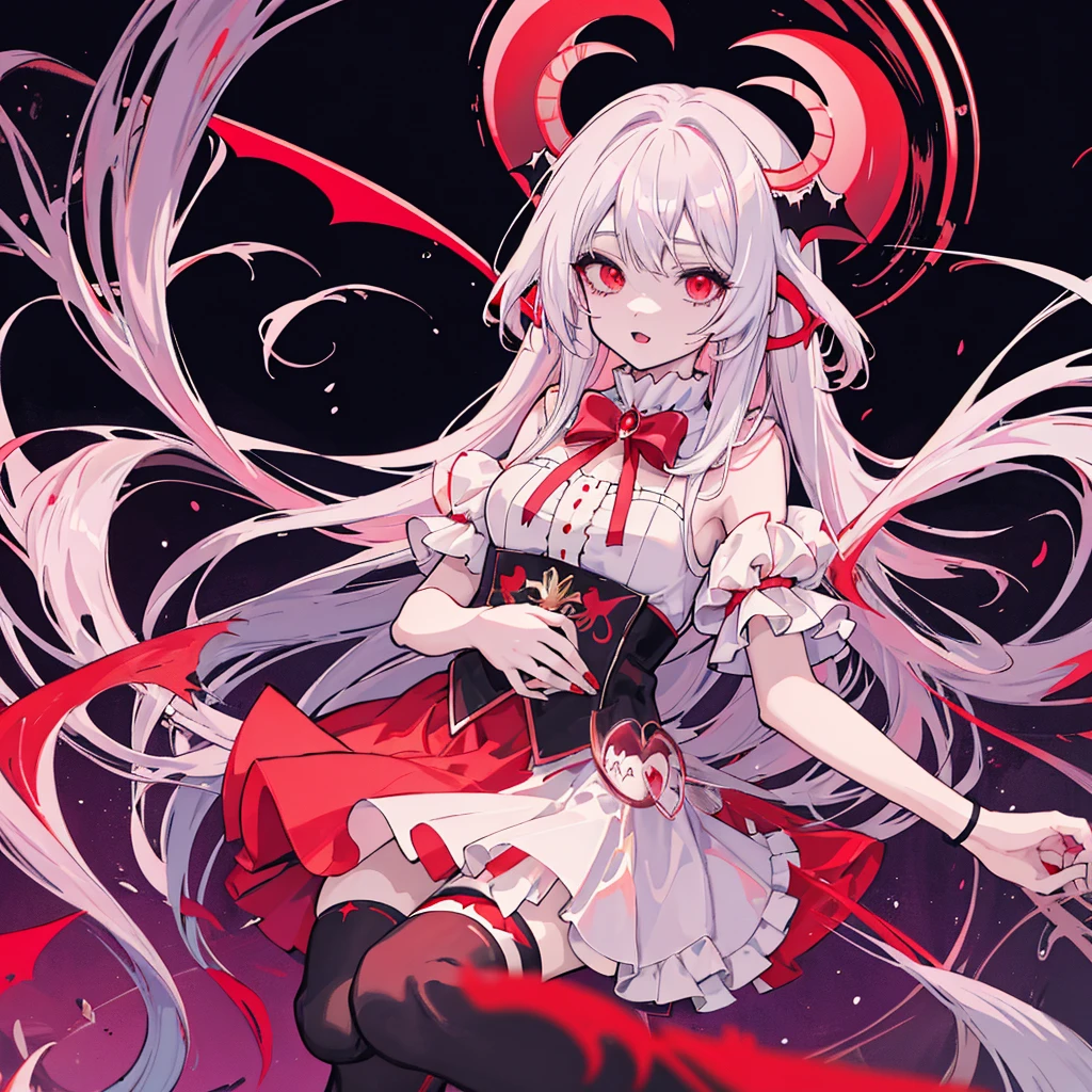 anime girl with long white hair and a red skirt, demon anime girl, anime monster girl, gothic maiden anime girl, vampire girl, gapmoe yandere grimdark, splash art anime , in dress, magical girl anime mahou shojo, demon girl, nightcore, l vampire, vampire of clan lasombra, anime in fantasy style