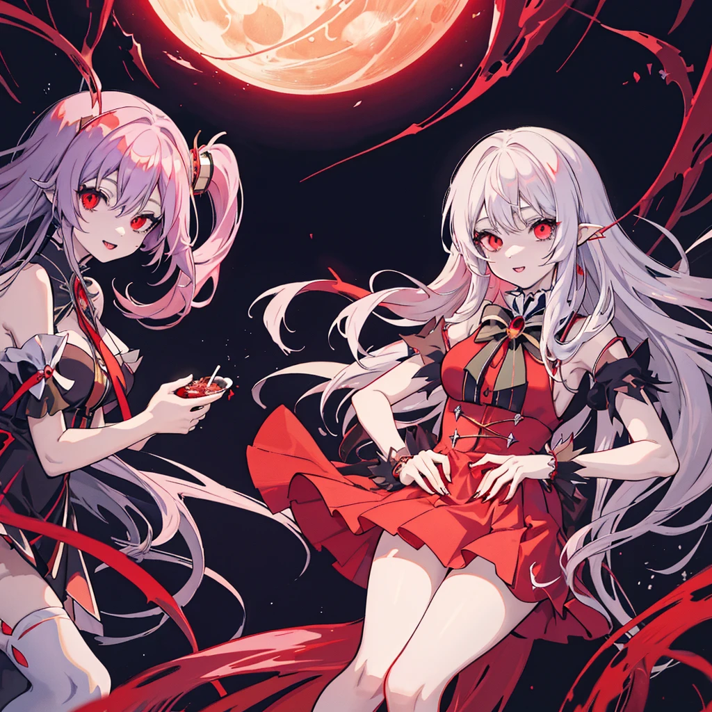 anime girl with long white hair and a red skirt, demon anime girl, anime monster girl, gothic maiden anime girl, vampire girl, gapmoe yandere grimdark, splash art anime ,  in dress, magical girl anime mahou shojo, demon girl, nightcore, l vampire, vampire of clan lasombra, anime in fantasy style