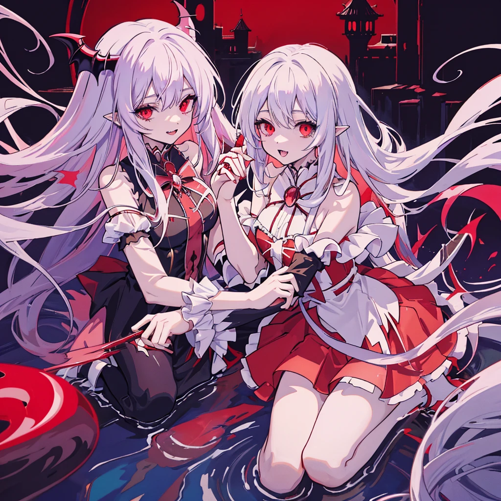 anime girl with long white hair and a red skirt, demon anime girl, anime monster girl, gothic maiden anime girl, vampire girl, gapmoe yandere grimdark, splash art anime , in dress, magical girl anime mahou shojo, demon girl, nightcore, l vampire, vampire of clan lasombra, anime in fantasy style