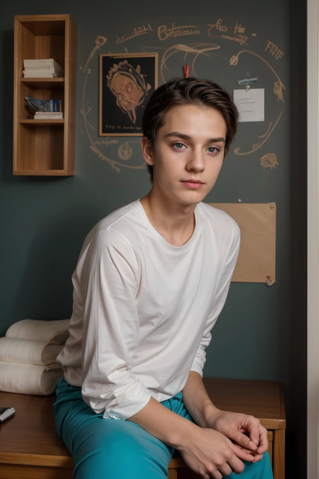 A beautiful young male twink, cute, with black hair and a face with make-up, wearing a long-sleeved white shirt and aqua blue pants, and he is in his office, and behind him is a blackboard on which is written the shape of the brain and its anatomy, and nuclear energy comes out of it, and he has a face with make-up and his eyes.  Underneath are dark circles while he is sitting, and he appears innocent, with a beautiful face with make-up on, while he is sitting at a luxurious desk with books, and neon energy comes out of it, and he has a face with make-up on, and his cheeks are red.