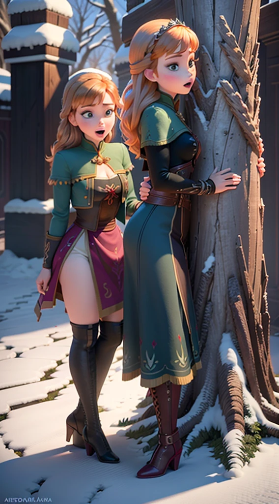 Photo of Anna of Arendelle wearing thight opaque pantyhose, happy,  cameltoe, huge breasts, bursting huge breasts, wide hips, busty, tall, cook clothes