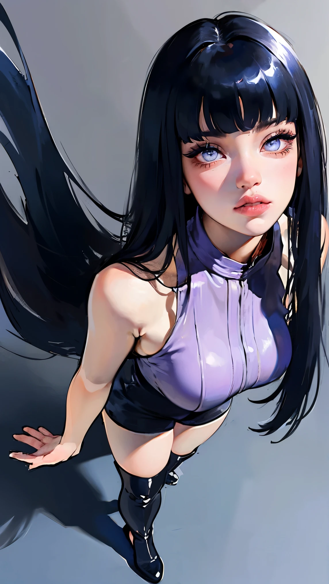 1girl, close up of face, adult, Hinata Hyuga, the last, shy girl, long black hair, blunt bangs, dark hair, Voluminous hair, lavender eyes, no pupils, Lavender Sleeveless Blouse, long black boots, navy blue shorts, Black translucent stockings, holster, bandage on thigh, open sandals, big breasts, wide hips, shapely legs, slim waist, masterpiece, best quality, Professional, realistic.