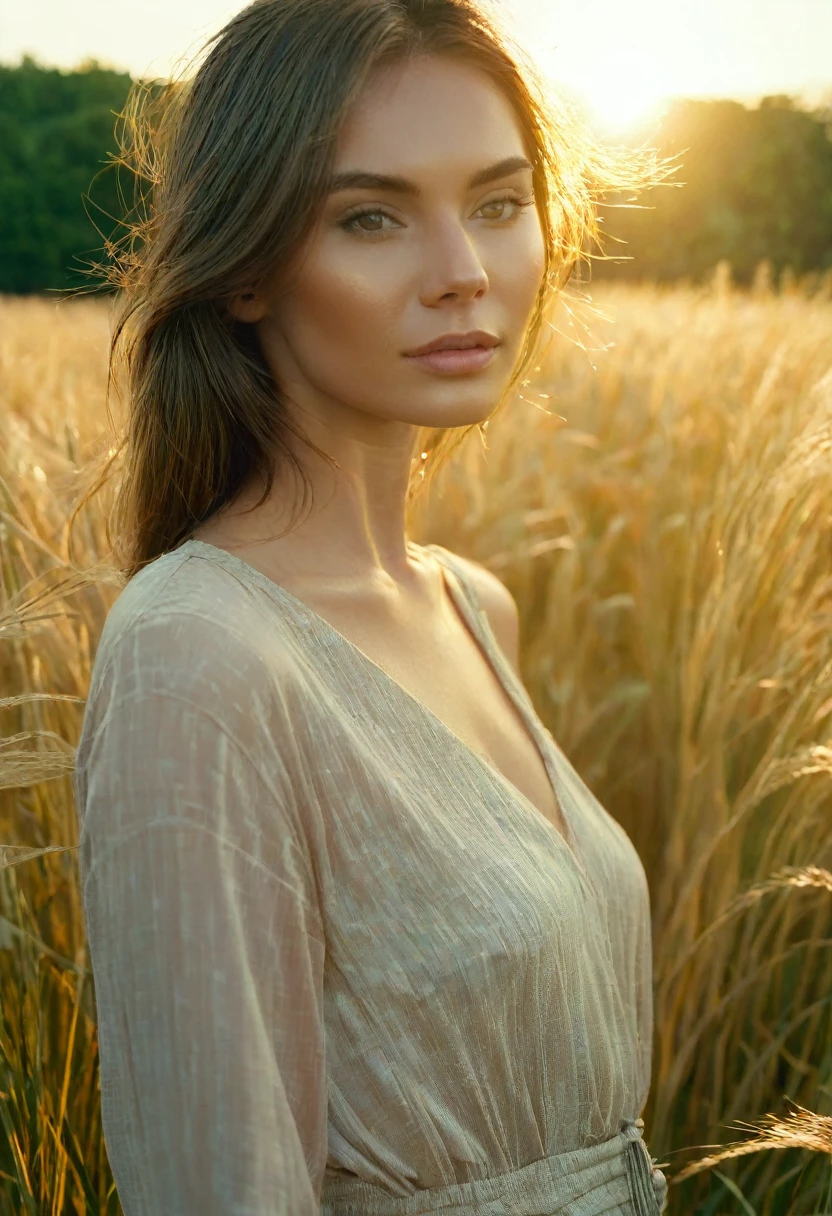 a woman standing in a field of tall grass with the sun setting, gorgeous woman, cinematic beautiful natural skin, attractive woman, attractive girl, photo of a beautiful woman, gorgeous attractive face, extremely beautiful face, in a field, beautiful female model, portrait of a beautiful model, soft portrait shot 8 k, beautiful delicate face, a beautiful young woman, attractive beautiful face