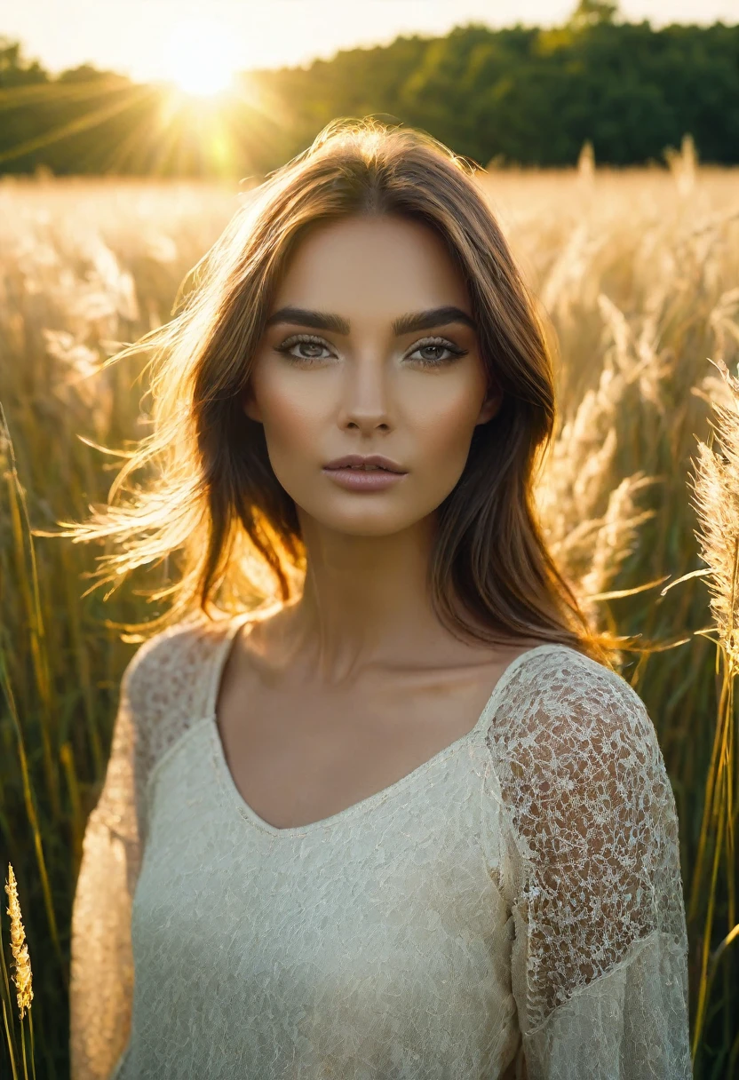 a woman standing in a field of tall grass with the sun setting, gorgeous woman, cinematic beautiful natural skin, attractive woman, attractive girl, photo of a beautiful woman, gorgeous attractive face, extremely beautiful face, in a field, beautiful female model, portrait of a beautiful model, soft portrait shot 8 k, beautiful delicate face, a beautiful young woman, attractive beautiful face