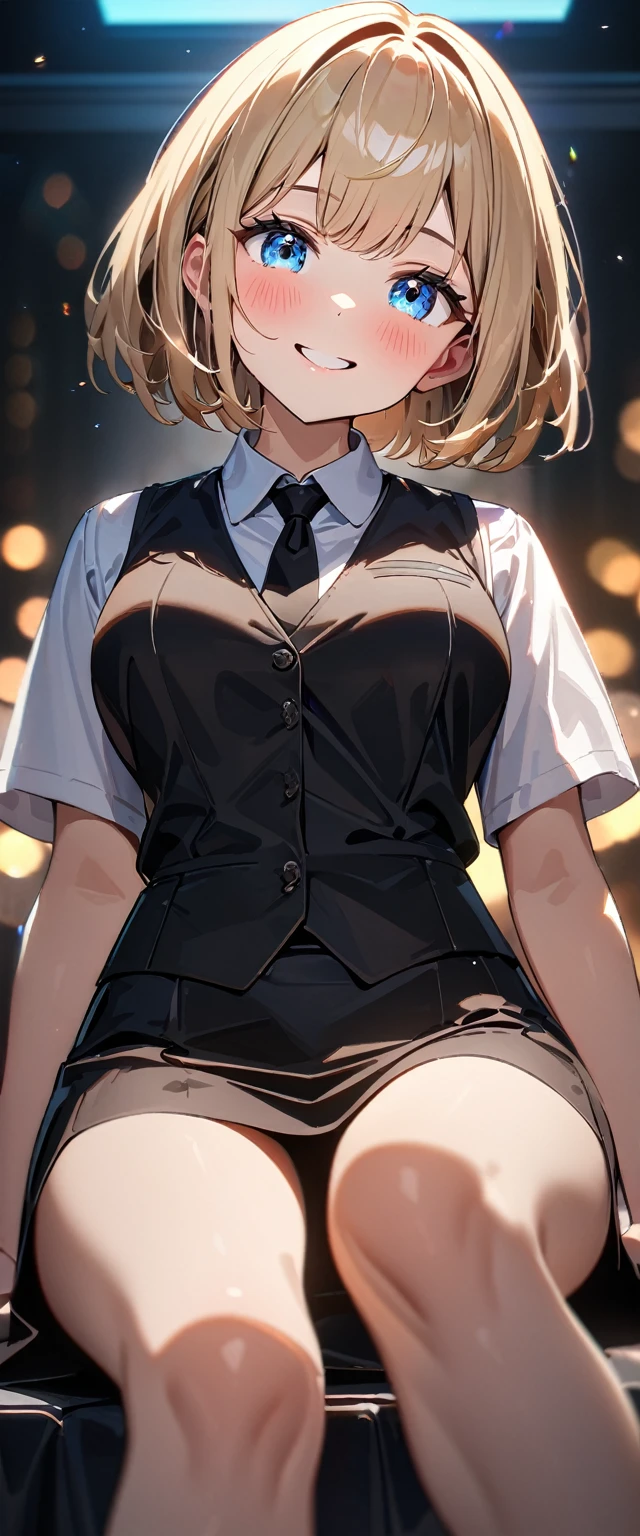 (((One girl))), blond hair, bob cut, (cowboy shot), (looking at viewer), face in focus, breasts, teenager, head tilt:1.3, (((blue eye))), ((happy smile)), ((blush)), contrapposto, school summer uniform, white shirts, ((black tie under the waistcoat)), black skirt, black waistcoat, anime style, (best quality, 4k, 8k, highres, masterpiece:1.2, ultra-detailed, ultra-detailed eyes, HDR, UHD, studio lighting, ultra-fine painting, sharp focus, physically-based rendering, extreme detail description, professional, vivid colors, bokeh)