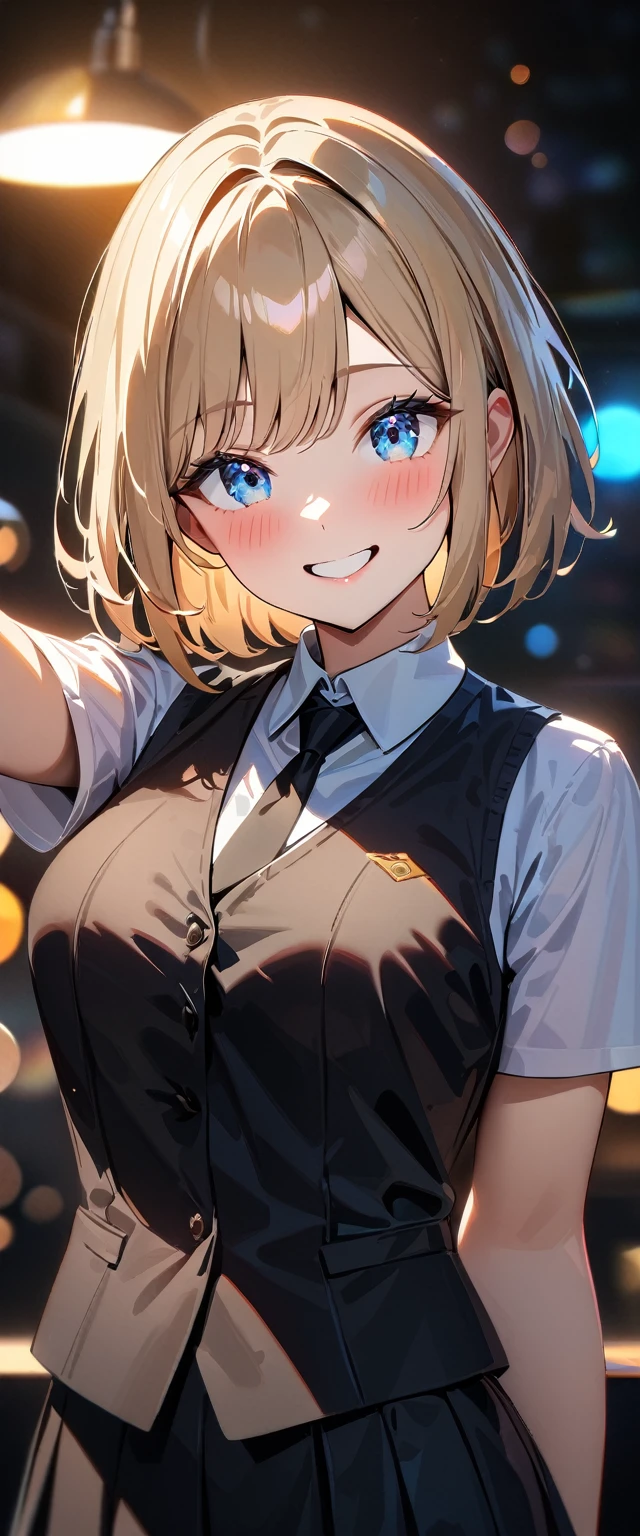 (((One girl))), blond hair, bob cut, (cowboy shot), (looking at viewer), face in focus, breasts, teenager, head tilt:1.3, (((blue eye))), ((happy smile)), ((blush)), contrapposto, school summer uniform, white shirts, ((black tie under the waistcoat)), black skirt, black waistcoat, anime style, (best quality, 4k, 8k, highres, masterpiece:1.2, ultra-detailed, ultra-detailed eyes, HDR, UHD, studio lighting, ultra-fine painting, sharp focus, physically-based rendering, extreme detail description, professional, vivid colors, bokeh)