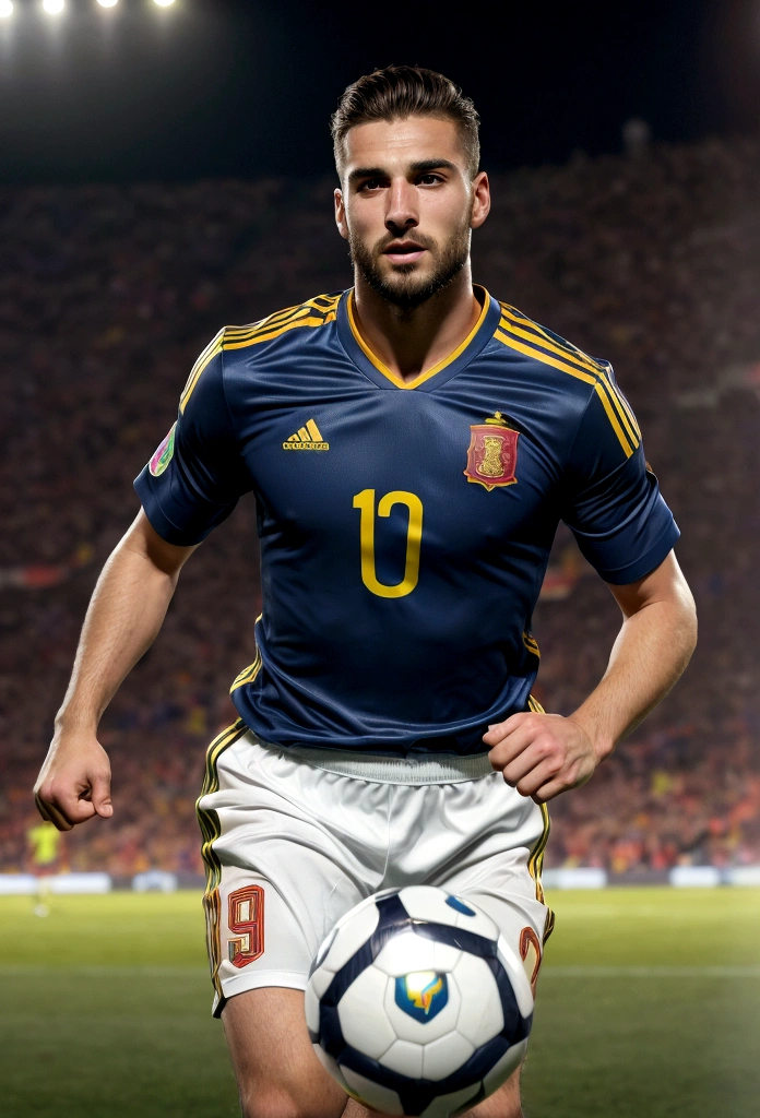 Best quality,ultra detailed ,Handsome man from Spain,Beautiful face, happy and emotional facial expression, elegant hair, active posture in motion, runs after the ball, scores a goal, In a good condition,professional,,bright colors,studio lighting,warm colors,full length、Spain national football team jersey、30 year old man, Best quality, masterpiece, super high resolution, detailed background, Realism, 1 guy, soccer field, Muscles, volumetric lighting, depth of field, whole body, facial hair, football player, scores a goal, full length, celebrating goal