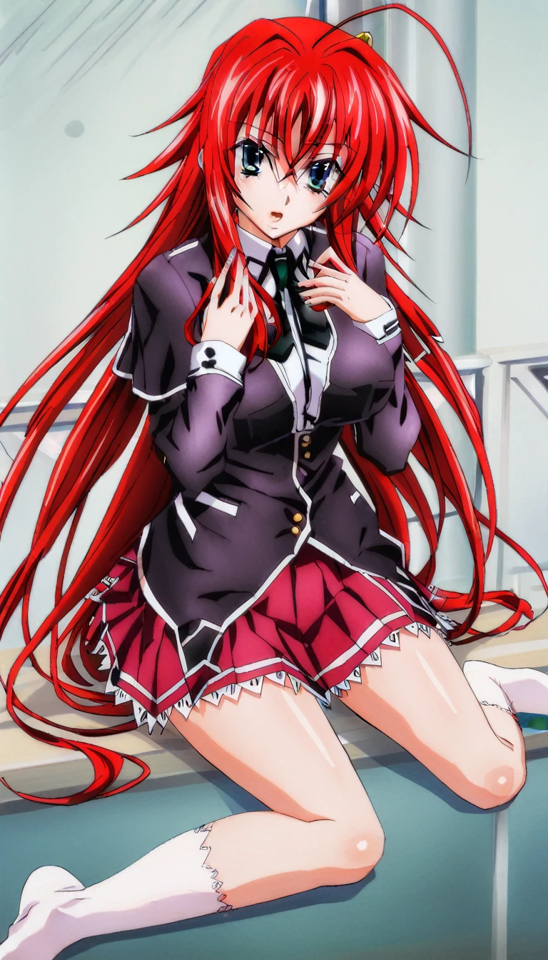 sysdeep_rias, 1girl, solo, long_hair, looking_at_viewer, open_mouth, blue_eyes, large_breasts, hair_between_eyes, very_long_hair, school_uniform, full_body, ahoge, red_hair, pleated_skirt, sitting, socks, red_skirt, white_socks, huge_ahoge, 