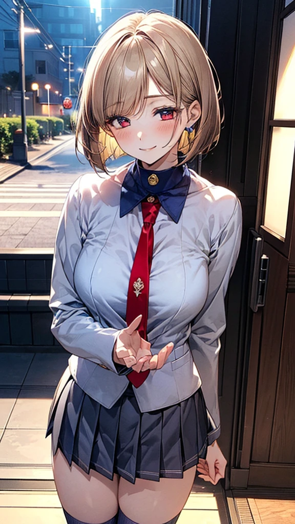 (masterpiece:1.2, Top quality), (Practical, photoPractical:1.4), Nice illustration, (Natural side light, light), Not suitable for working hours,
Looking at the audience, Cowboy shooting, Front view:0.6, 1 girl, Japanese, High school girl, Perfect face, Cute and symmetrical face, Glowing skin,
(short hair:1.2, Bob Cut:1.2, blond), Pin the bangs back, Red Eyes, Long eyelashes, (Large Breasts:0.6, Thick thighs),
Beautiful hair, Pretty Face, Beautiful and delicate eyes, Beautiful clavicle, Beautiful Body, Beautiful breasts, Beautiful thighs, Beautiful legs, Beautiful fingers,
((White collar shirt, Navy Jacket, Gray pleated mini skirt, Navy blue socks, Brown loafers, Red tie)),
(Beautiful scenery), night, riverside, permanent, (Half closed eyes,Lovely smile, Upper Eye),