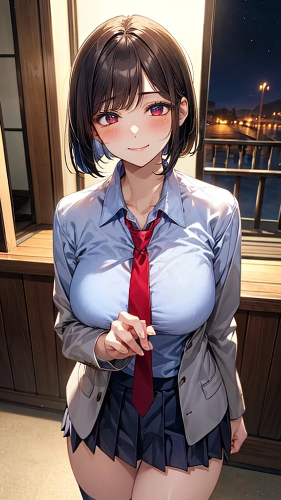 (masterpiece:1.2, Top quality), (Practical, photoPractical:1.4), Nice illustration, (Natural side light, light), Not suitable for working hours, 
Looking at the audience, Cowboy shooting, Front view:0.6, 1 girl, Japanese, High school girl, Perfect face, Cute and symmetrical face, Glowing skin, 
(short hair:1.2, Bob Cut:1.2, blond), Pin the bangs back, Red Eyes, Long eyelashes, (Large Breasts:0.6, Thick thighs), 
Beautiful hair, Pretty Face, Beautiful and delicate eyes, Beautiful clavicle, Beautiful Body, Beautiful breasts, Beautiful thighs, Beautiful legs, Beautiful fingers, 
((White collar shirt, Navy Jacket, Gray pleated mini skirt, Navy blue socks, Brown loafers, Red tie)), 
(Beautiful scenery), night, riverside, permanent, (Half closed eyes,Lovely smile, Upper Eye), 