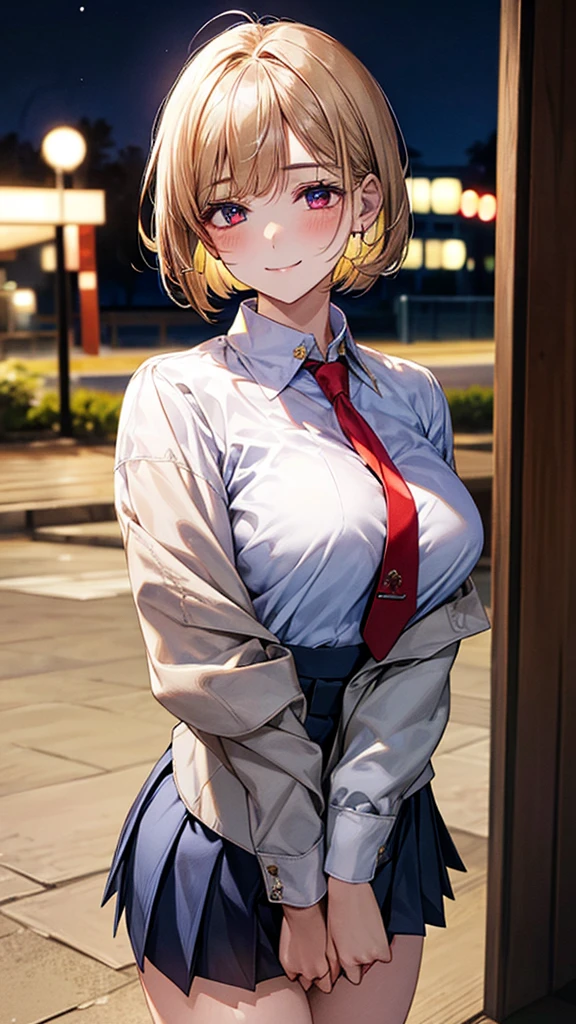 (masterpiece:1.2, Top quality), (Practical, photoPractical:1.4), Nice illustration, (Natural side light, light), Not suitable for working hours, 
Looking at the audience, Cowboy shooting, Front view:0.6, 1 girl, Japanese, High school girl, Perfect face, Cute and symmetrical face, Glowing skin, 
(short hair:1.2, Bob Cut:1.2, blond), Pin the bangs back, Red Eyes, Long eyelashes, (Large Breasts:0.6, Thick thighs), 
Beautiful hair, Pretty Face, Beautiful and delicate eyes, Beautiful clavicle, Beautiful Body, Beautiful breasts, Beautiful thighs, Beautiful legs, Beautiful fingers, 
((White collar shirt, Navy Jacket, Gray pleated mini skirt, Navy blue socks, Brown loafers, Red tie)), 
(Beautiful scenery), night, riverside, permanent, (Half closed eyes,Lovely smile, Upper Eye), 