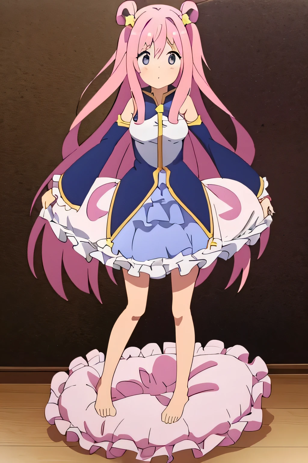 (best quality, masterpiece) , a girl standing on the top of a pillow, details, full body, (Light and shadow oxtail) , Cute girl posing on pillow , large pillow, Pillow, standing, ((standing on a pillow)), long hair, frilled pillow , ((pink pillow)), (standing on a soft object), pillow on the floor, (standing pose on pillow), on pillow, pillow damage, feet on pillow, stepping pillow, (stepping on the top of a pillow), stomping on a pillow, feathers came out from pillow, hatsune (princess connect)