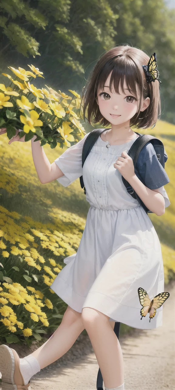 An incredibly charming  carrying a backpack, accompanied by her adorable puppy, enjoying a lovely spring outing surrounded by beautiful yellow flowers and natural scenery. The illustration is in high definition at 4k resolution, with highly-detailed facial features and cartoon-style visuals, (Butterfly Dance)