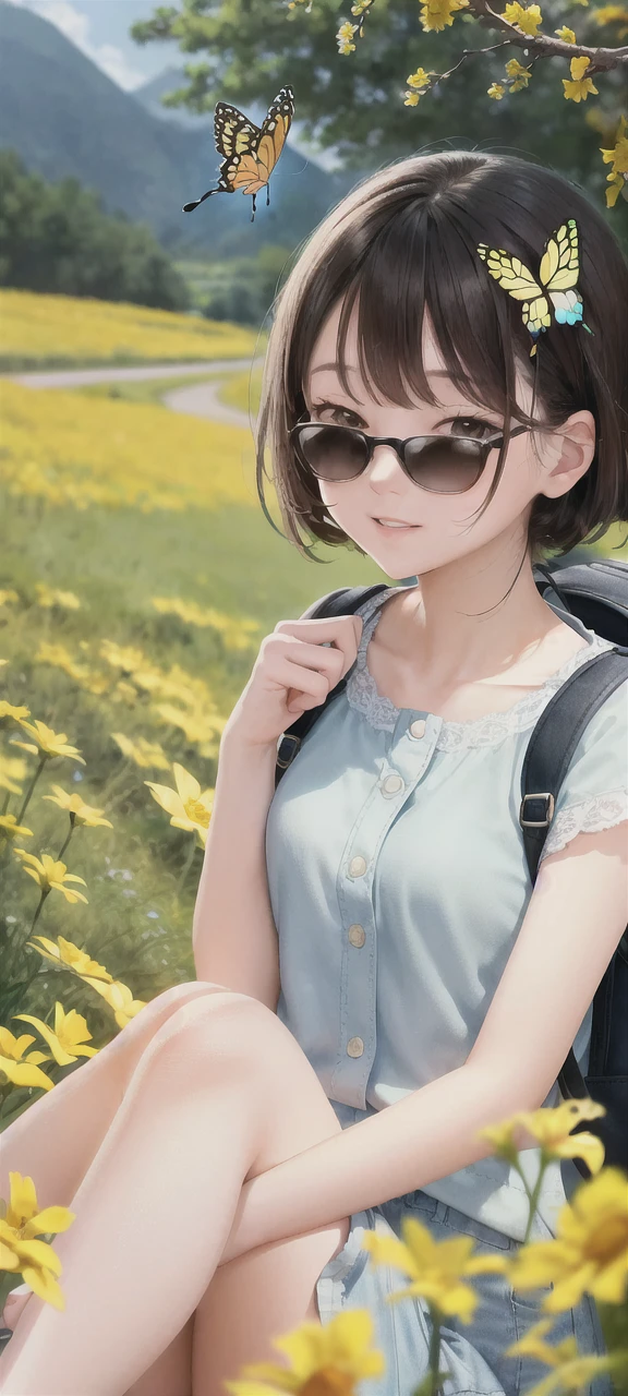 An incredibly charming  carrying a backpack, accompanied by her adorable puppy, enjoying a lovely spring outing surrounded by beautiful yellow flowers and natural scenery. The illustration is in high definition at 4k resolution, with highly-detailed facial features and cartoon-style visuals, (Butterfly Dance)