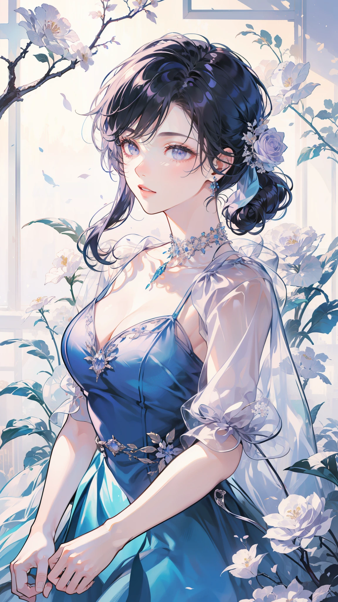 (best quality, 4K, high resolution, masterpiece:1.2), Elegant dynamic portrait，A beautiful girl，Blue hair  elegantly, Decorate with jewelry, Diamond necklace, (Put on a big cape), Clear purple eyes, (Decorate your hair with delicate flowers, Crystal jewelry string), Extremely detailed.