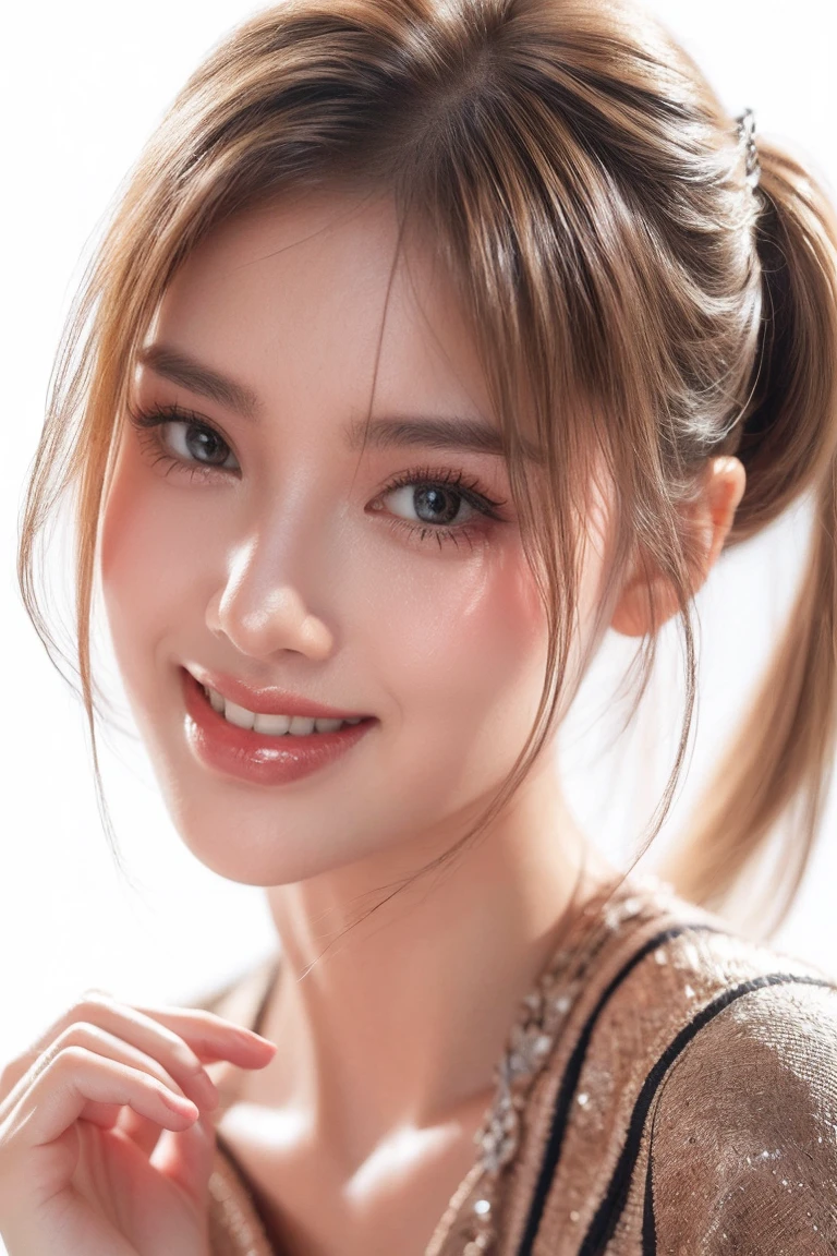 1girl smile face, solo, twintail hair, blonde hair, white background, realistic, lips, eyelashes,