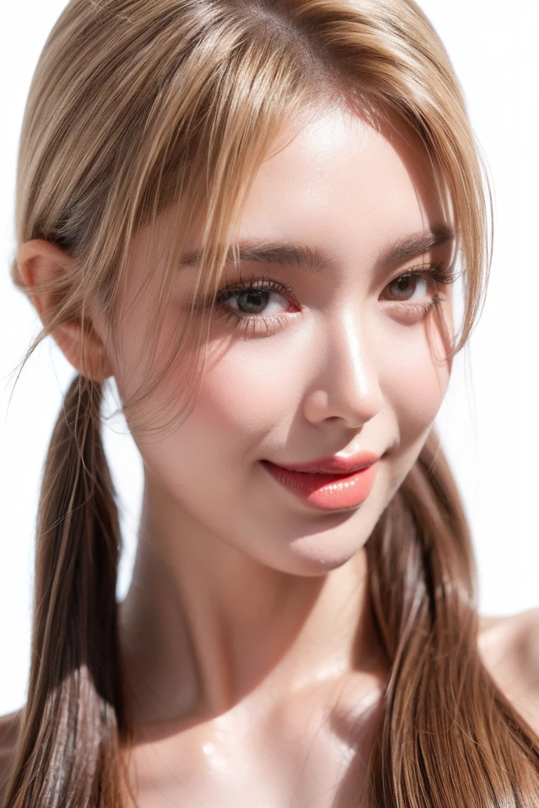 1girl smile face, solo, twintail hair, blonde hair, white background, realistic, lips, eyelashes, 