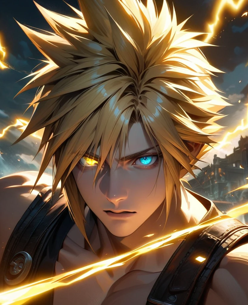 Symetrical,absurdres, highres, ultra detailed, HDR, masterpiece, extremely detailed face and eyes, Cloud Strife,final fantasy 7, yellow hair , , solo, man, handsome, ,, , Epic fight scene, yellow lightning effect, glowing glitters