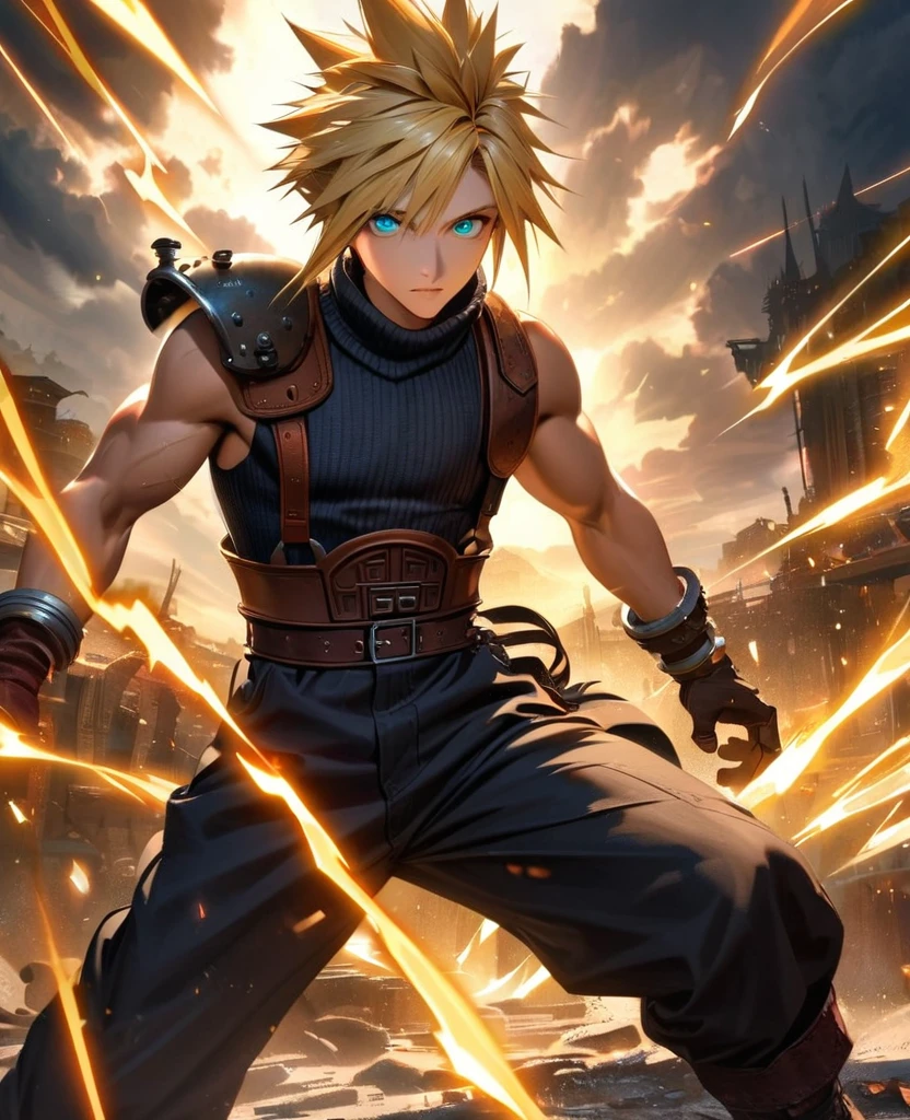 Symetrical,absurdres, highres, ultra detailed, HDR, masterpiece, extremely detailed face and eyes, Cloud Strife,final fantasy 7, yellow hair , , solo, man, handsome, ,, , Epic fight scene, yellow lightning effect, glowing glitters