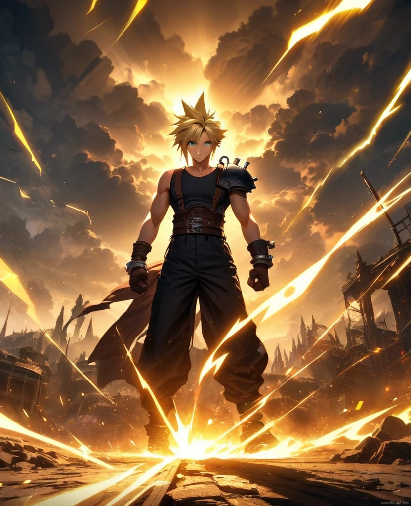 Symetrical,absurdres, highres, ultra detailed, HDR, masterpiece, extremely detailed face and eyes, Cloud Strife,final fantasy 7, yellow hair , , solo, man, handsome, ,, , Epic fight scene, yellow lightning effect, glowing glitters
