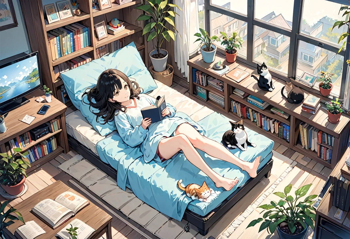 a girls, from above, plant, black hair, cat, lying, indoors, holding, long sleeves, long hair, stuffed toy, potted plant, book, food, window, phone, loaded interior, television, short hair, on back, stuffed animal, bangs, slippers, barefoot, sitting, bookshelf, shelf, cable, computer