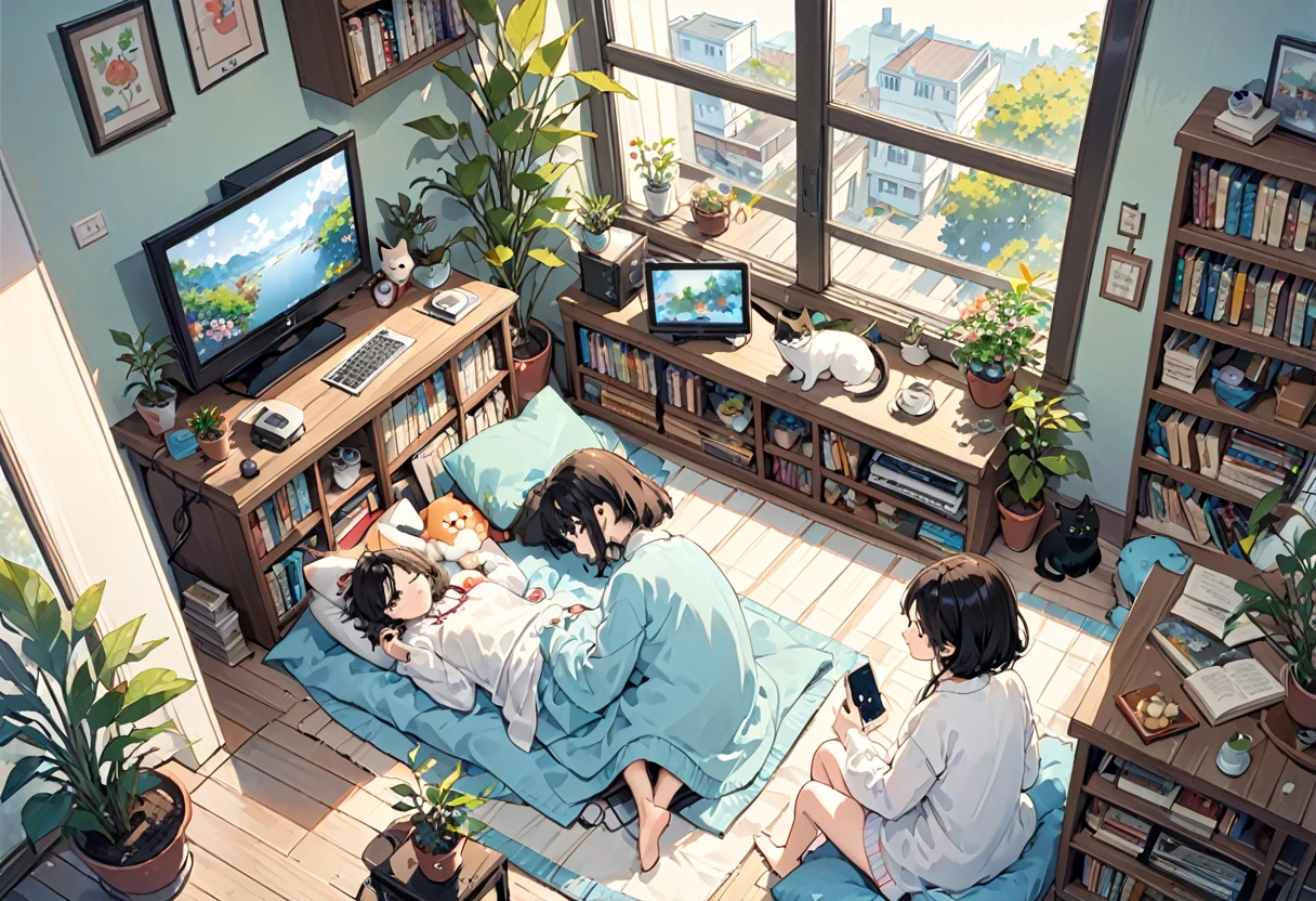 a girls, from above, plant, black hair, cat, lying, indoors, holding, long sleeves, long hair, stuffed toy, potted plant, book, food, window, phone, loaded interior, television, short hair, on back, stuffed animal, bangs, slippers, barefoot, sitting, bookshelf, shelf, cable, computer