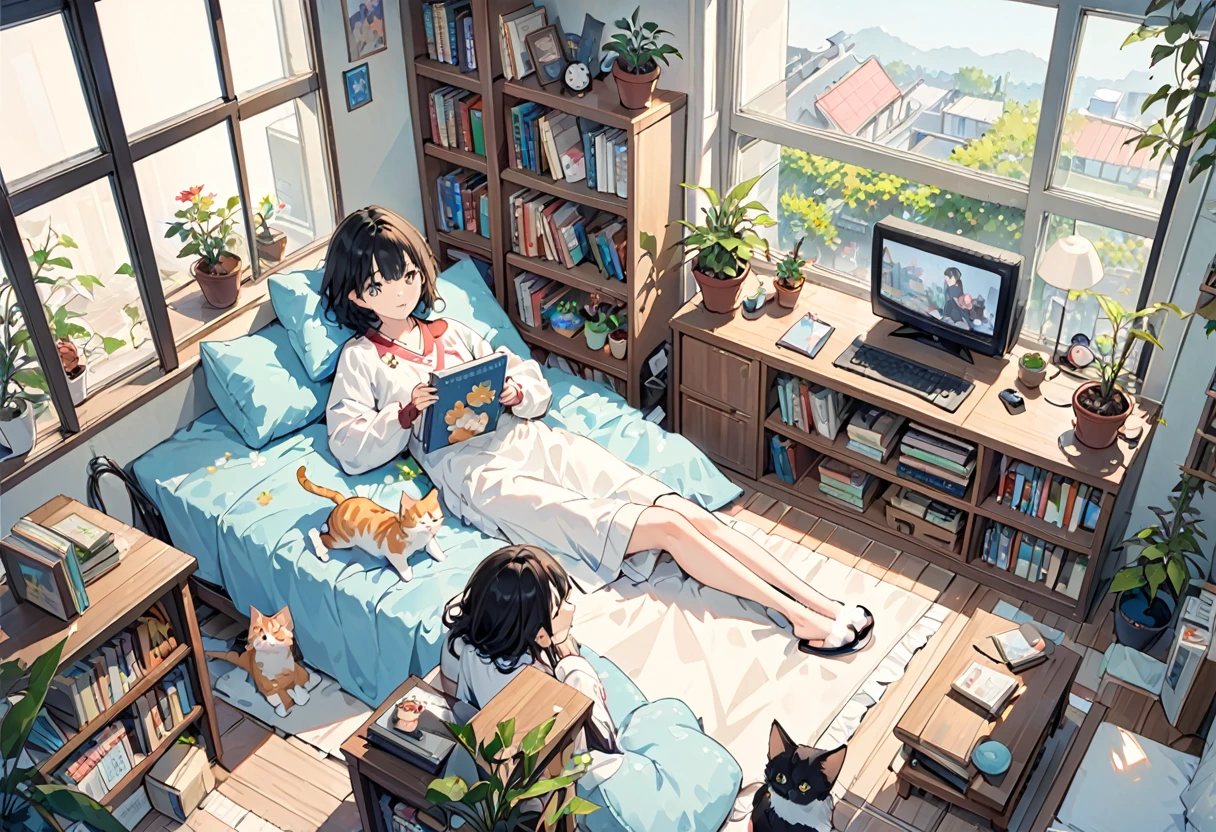 a girls, from above, plant, black hair, cat, lying, indoors, holding, long sleeves, long hair, stuffed toy, potted plant, book, food, window, phone, loaded interior, television, short hair, on back, stuffed animal, bangs, slippers, barefoot, sitting, bookshelf, shelf, cable, computer