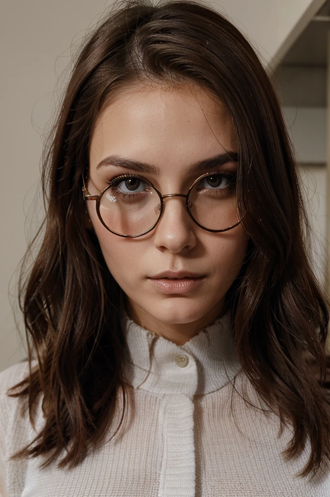 Hyper réaliste, visage femme brune, yeux vairons, cheveux au carré, sexy avec des lunettes, 23 ans, magnifique, détails de haute qualité