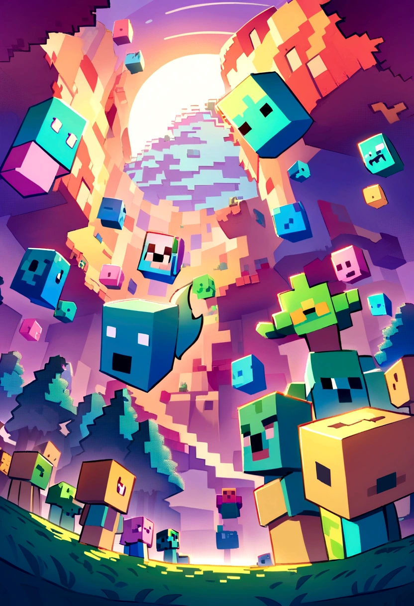 Steve, the Minecraft character, walks among a group of pixelated female avatars. Each avatar is unique in appearance, reflecting different hairstyles, clothing, and accessories. Steve, with his blocky features and pickaxe, navigates the colorful, blocky landscape filled with trees and a simple house in the background. His expression is one of curiosity and respect as he explores this diverse digital world.