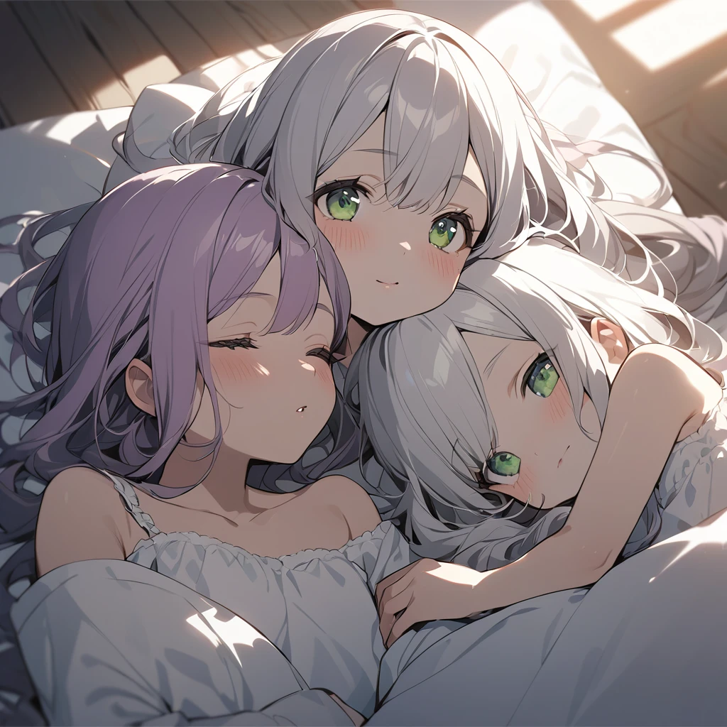 (Cute two girls:1.5),
(masterpiece:1.3), anime visual, (tilt head:1.3), extremely delicate face, realistic lighting and shading, (an extremely delicate and beautiful art:1.3),  (muted colors:1.1), Looking up, blushing, one hand holding her crotch, the other hand resting on the girl's lips, pouting lips, perfectly flat chest,look at viewer,The sisters are sleeping in the same bed, the white-haired older sister is sleeping on her back, the lavender-haired, green-eyed younger sister is smiling with her pillow on her older sister's chest.