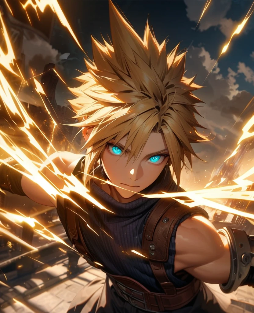 Symetrical,absurdres, highres, ultra detailed, HDR, masterpiece, extremely detailed face and eyes, Cloud Strife,final fantasy 7, yellow hair , , solo, man, handsome, ,, , Epic fight scene, yellow lightning effect, glowing glitters