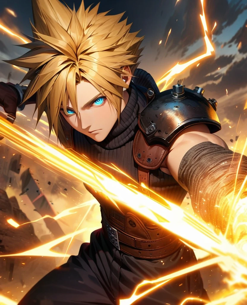 Symetrical,absurdres, highres, ultra detailed, HDR, masterpiece, extremely detailed face and eyes, Cloud Strife,final fantasy 7, yellow hair , , solo, man, handsome, ,, , Epic fight scene, yellow lightning effect, glowing glitters