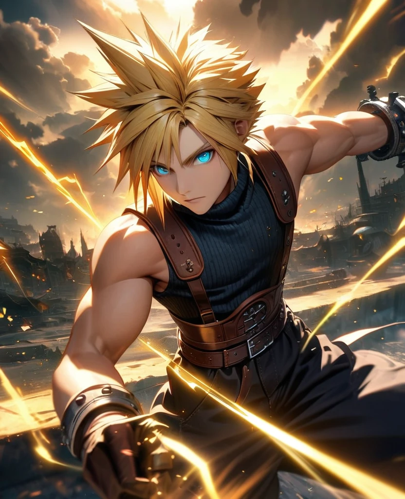 Symetrical,absurdres, highres, ultra detailed, HDR, masterpiece, extremely detailed face and eyes, Cloud Strife,final fantasy 7, yellow hair , , solo, man, handsome, ,, , Epic fight scene, yellow lightning effect, glowing glitters
