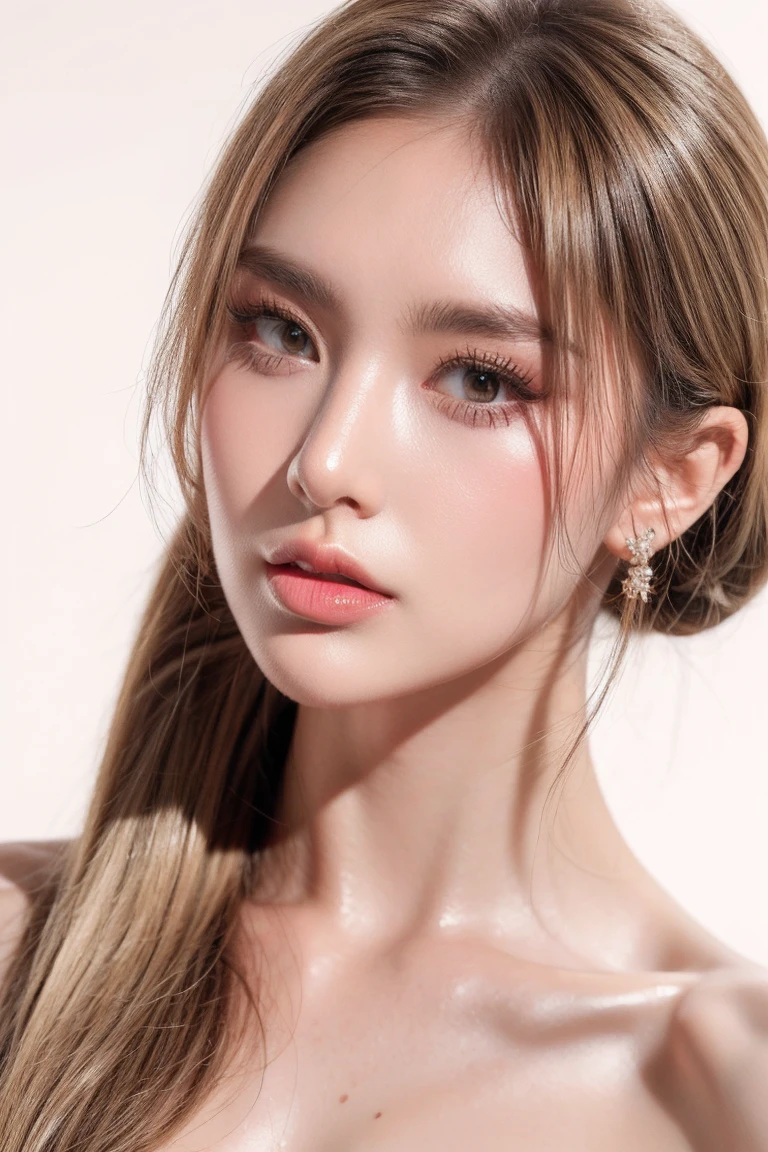 1girl sexy face, solo, twintail hair, blonde hair, white background, realistic, lips, eyelashes, 