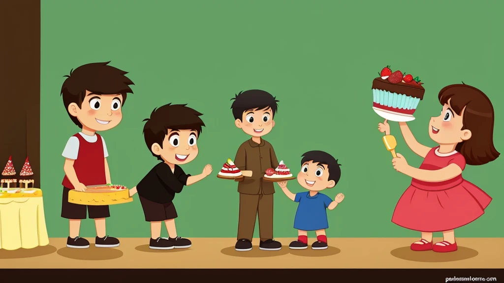 Scene of son bringing the cake.in cartoon images