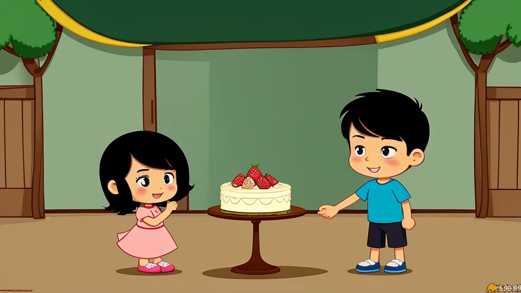 Scene of son bringing the cake.in cartoon images 