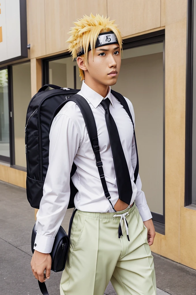 Naruto uzumaki in school dress . Shir colour is a white shirt black tie and pant nevy colour pant and one school bag