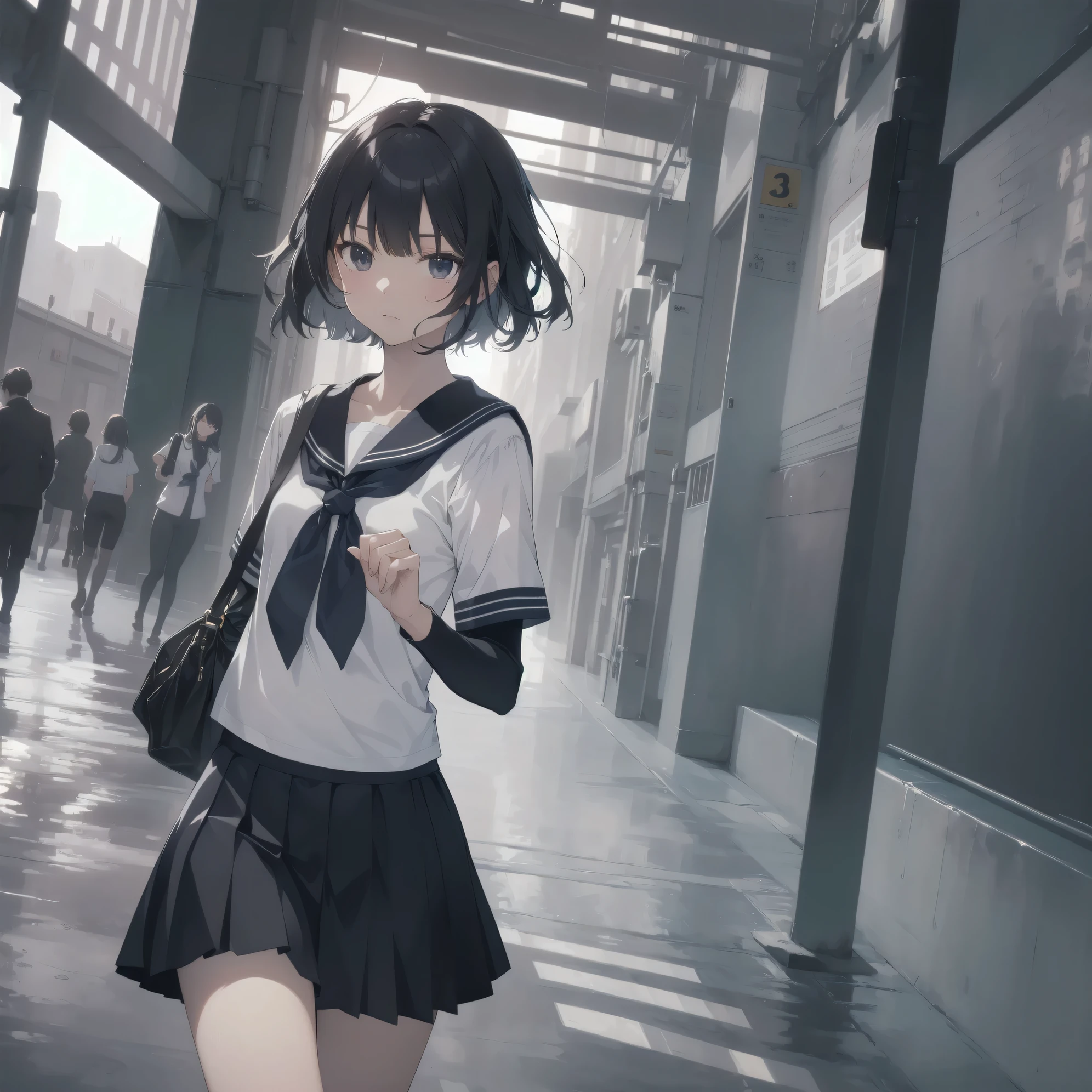 ultra-absurdres-Top quality by artist God, ultra-detailed, high resolution, anime moe artstyle, best anime 8k konachan wallpaper, pixiv contest winner, pool:2810, perfect anatomy,break, 1girl, (Please draw a girl walking sleepily to school alone. )break,(Solo,little female, 13-year-old:1.3),Full limbs, complete fingers,a junior high school student, (very short hair), short cut, flat chest, , small butt, small black eyes, beautiful detailed eyes, well-proportioned iris and pupils, expressive eyes, highres detailed hair, soft expression, salor school_uniform, sailor collar, serahuku, bow, pleated skirt,(Detailed Lighting), (Detailed background), in the School commute route. break,super detailed skin, Best cinematic lighting powered by famous artist, 8k,beauty illustration,photoshop_(medium),very aesthetic,break,((artist:sumiyao_(amam) )), artist:clamp ,artist:carnelian ,artist:kantoku ,
