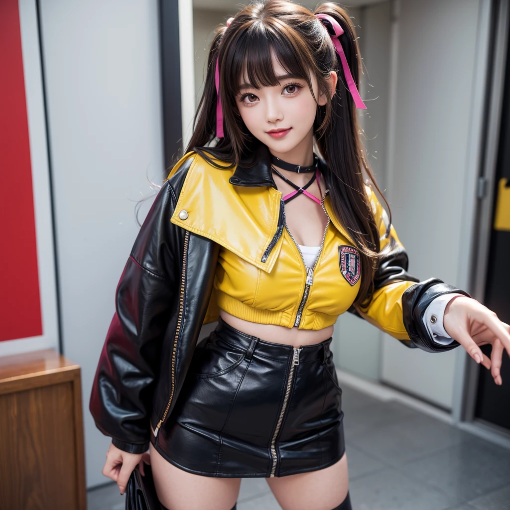 bangs down，beautiful girl，Standing posture，Maid clotheasterpiece，perfect face，perfect breasts，long hair，Outstanding style，stimulating，Cute outfits，Horny girl，double eyelid，Naughty Girls，Erotic and cute，mini skirt，ribbon on uniform，colorful hair color，yellow eyes，leather jacket，horny girl，Knee-high boots，
Colorful，multicoloured，future fashion，smile，，zipper bra，Multicolored clothing