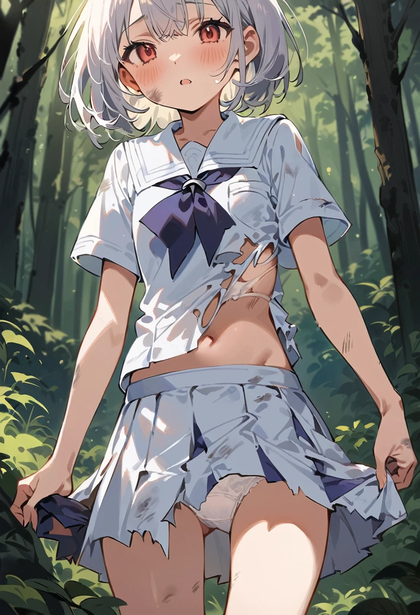 beautiful detailed girl,(masterpiece,best quality,extremely detailed:1.2),((cowboy shot:1.1)),(solo,,kawaii,slender,small breasts:1.25),(pained look:0.8),((white underwear) in ((Torn school uniform)):2),(dirty:2),blush,shy,weep,standing,(deep forest:1.5),(hug:0.4),rating: general, newest,Sexy face,(primitive:1.1)