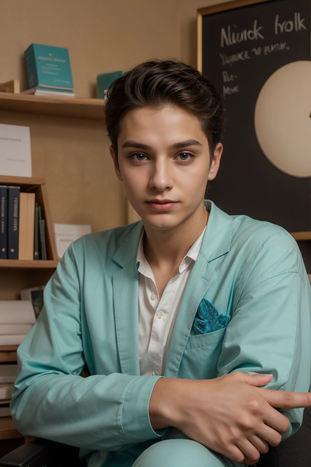 A beautiful young male twink, cute, with black hair and a face with make-up, wearing a long-sleeved white shirt and aqua blue pants, and he is in his office, and behind him is a blackboard on which is written the shape of the brain and its anatomy, and nuclear energy comes out of it, and he has a face with make-up and his eyes. Underneath are dark circles while he is sitting, and he appears innocent, with a beautiful face with make-up on, while he is sitting at a luxurious desk with books, and neon energy comes out of it, and he has a face with make-up on, and his cheeks are red.