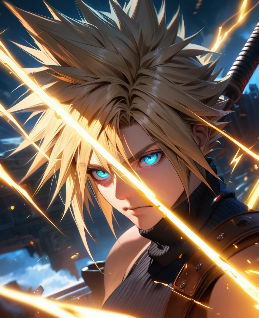 Symetrical,absurdres, highres, ultra detailed, HDR, masterpiece, extremely detailed face and eyes, Cloud Strife,final fantasy 7, yellow hair , , solo, man, handsome, ,, , Epic fight scene, yellow lightning effect, glowing glitters